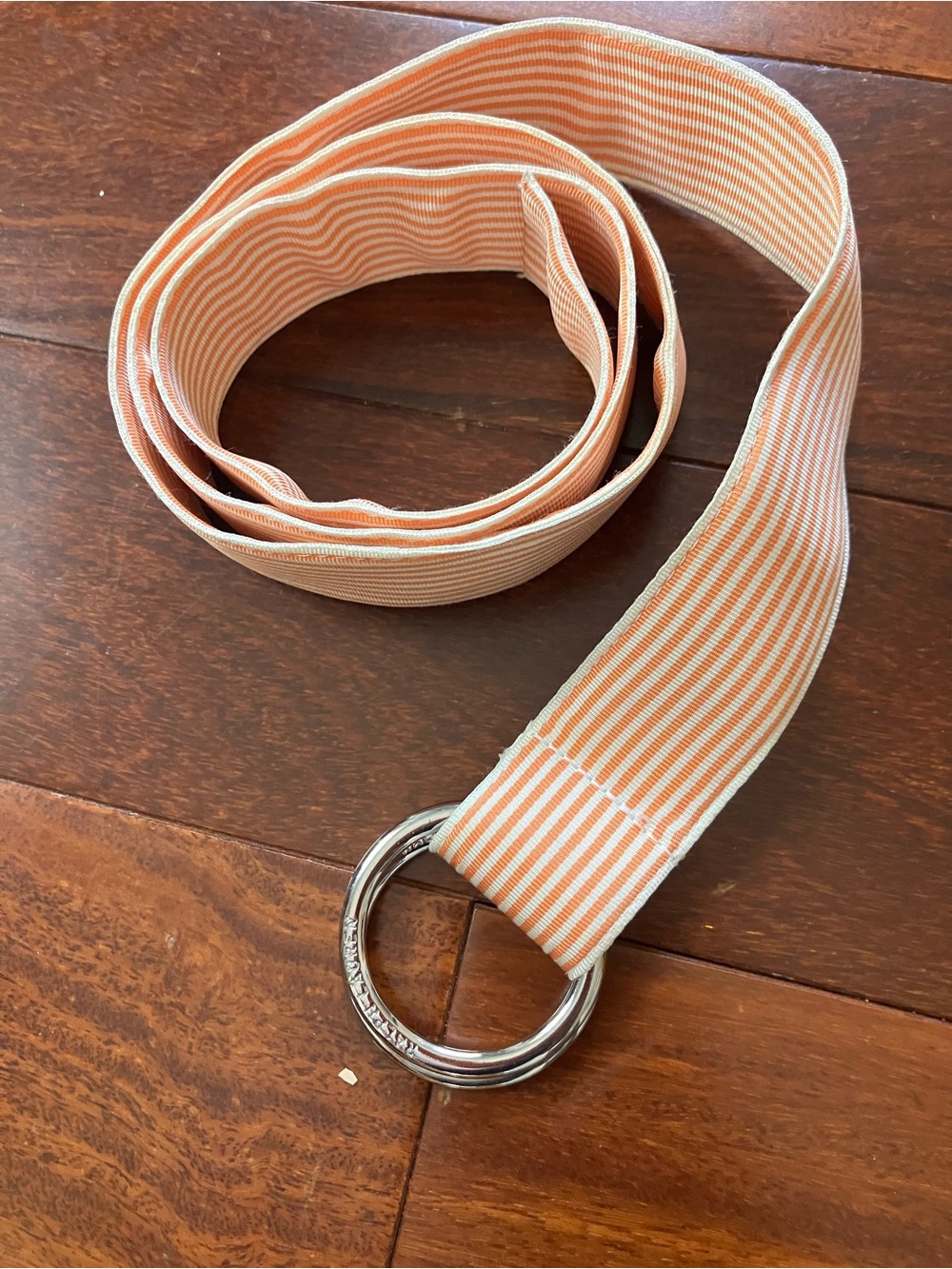 Ralph Lauren Orange and White Striped Ribbon Belt w/ Silver Ring
